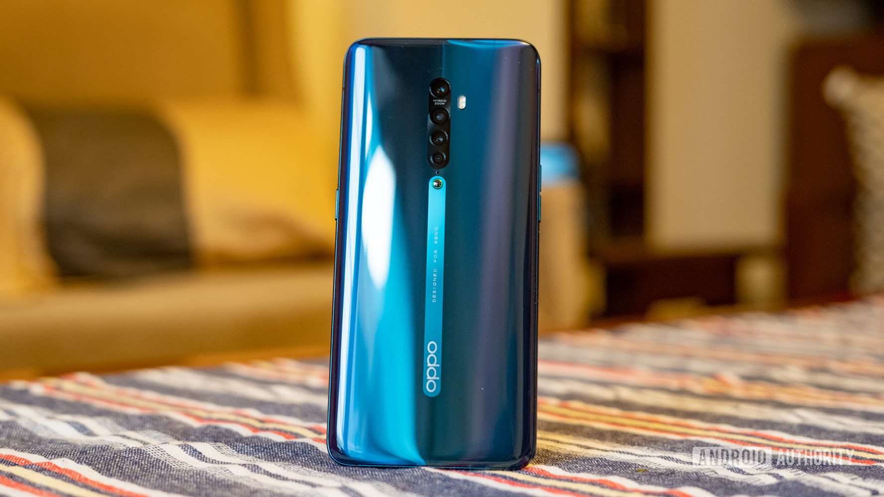 Oppo Reno 2 showing back panel standing up