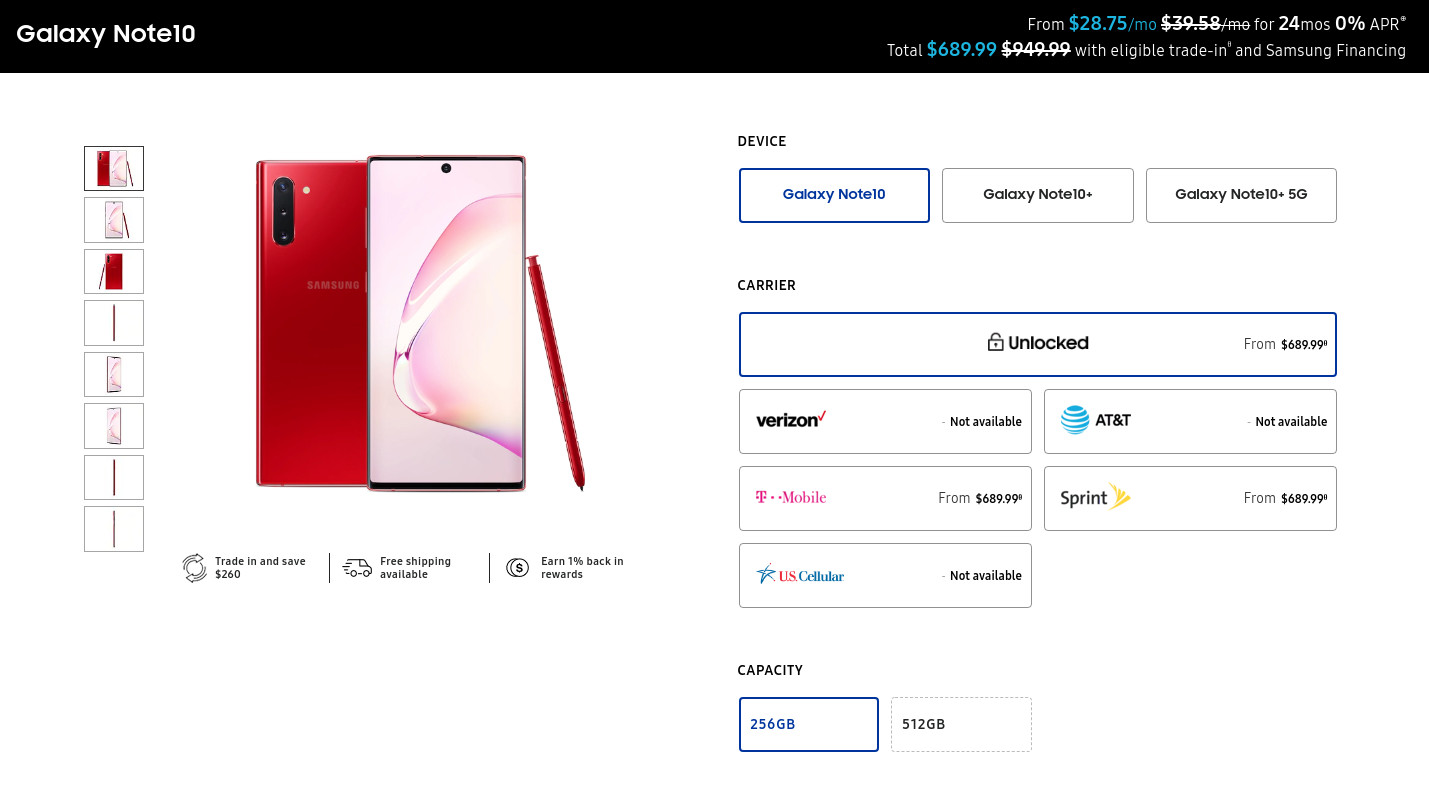 New Samsung Galaxy Note 10 colors - Aura Red sale page