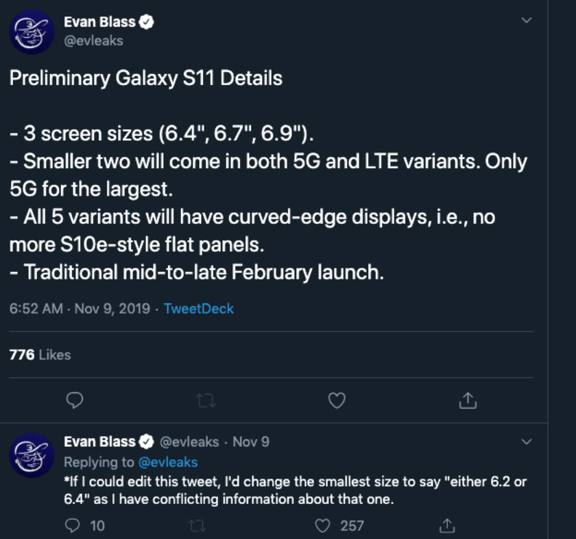 Samsung Galaxy S11 Screen Size Rumor Tweet Evan Blass