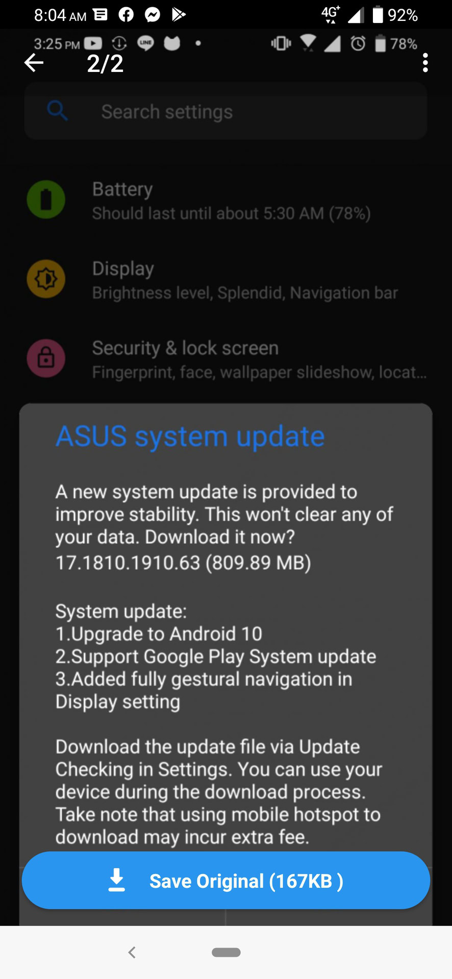 The ASUS Zenfone 6 update screen for Android 10.