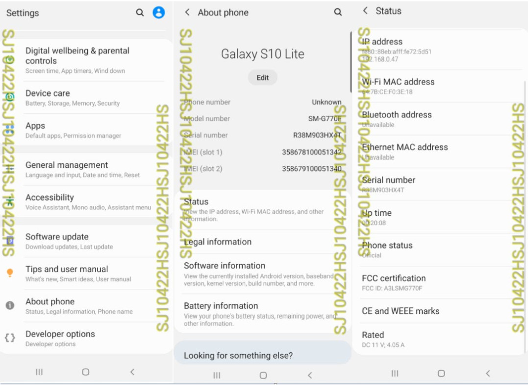 Screenshots from the Samsung Galaxy S10 Lite.