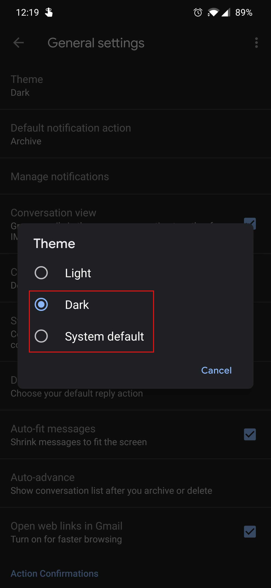 Gmail Dark Mode theme selection