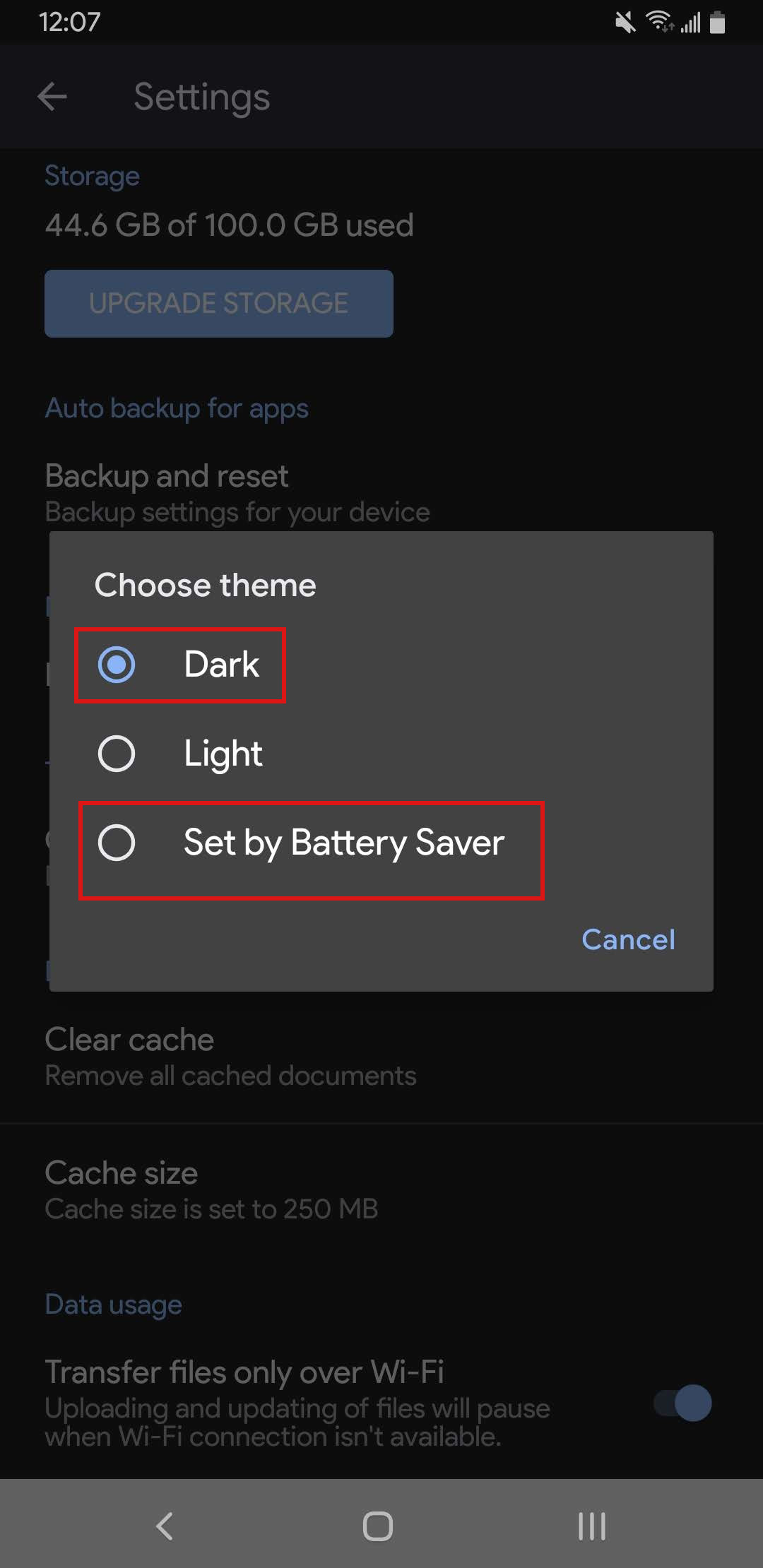 Google Drive Dark Mode theme picker