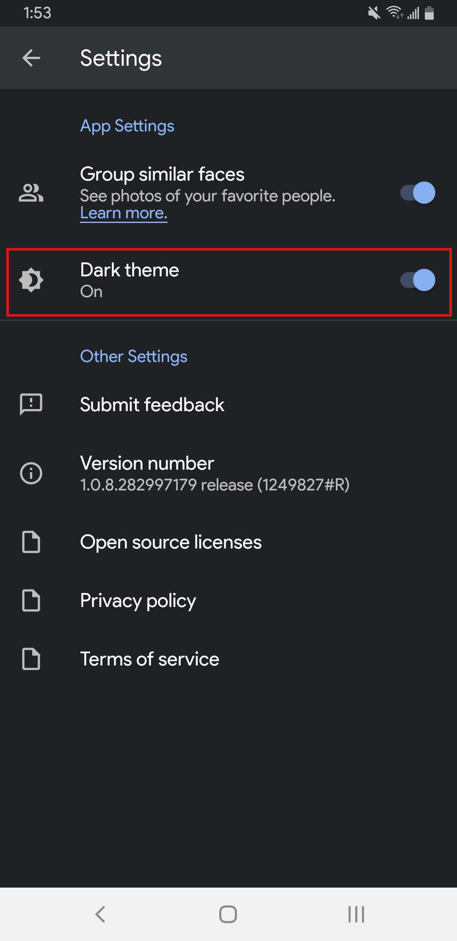 Google Galler Go Dark Mode settings