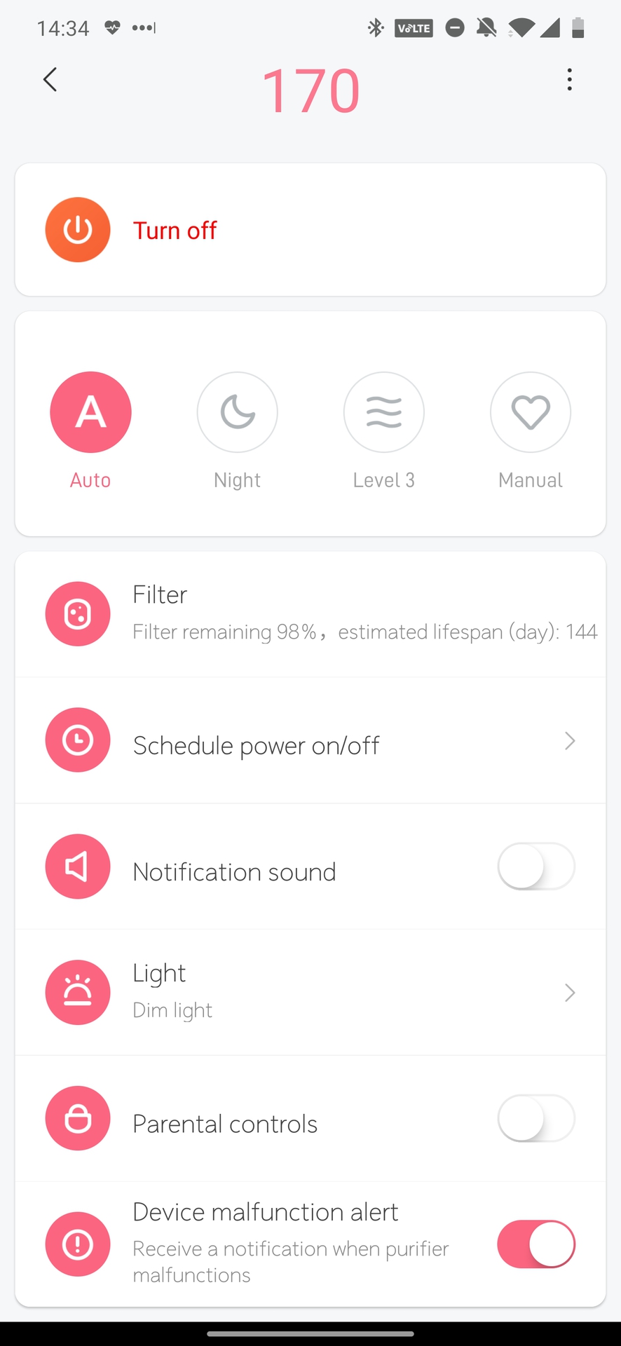 Mi Air Purifier 3 settings screen