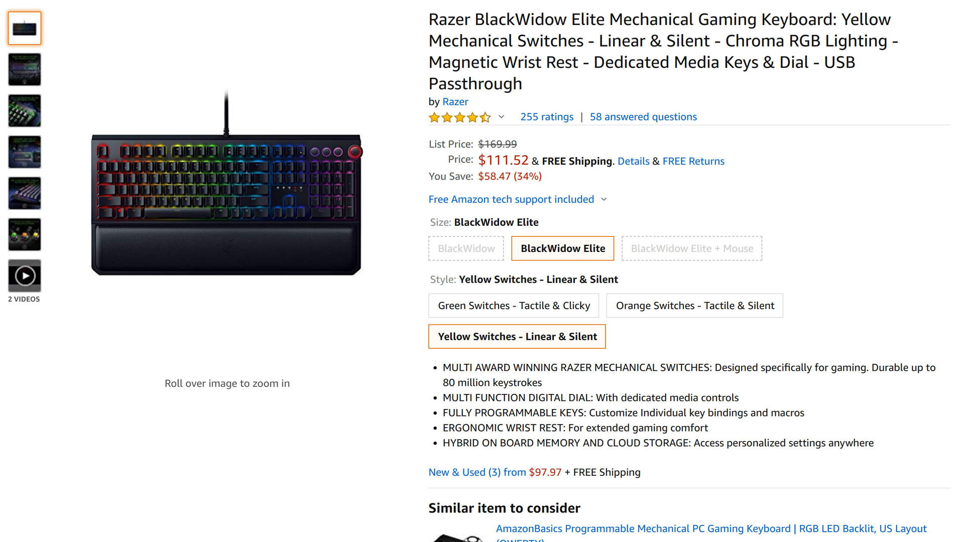 Razer BlackWidow Elite mechanical gaming keyboard Amazon sale