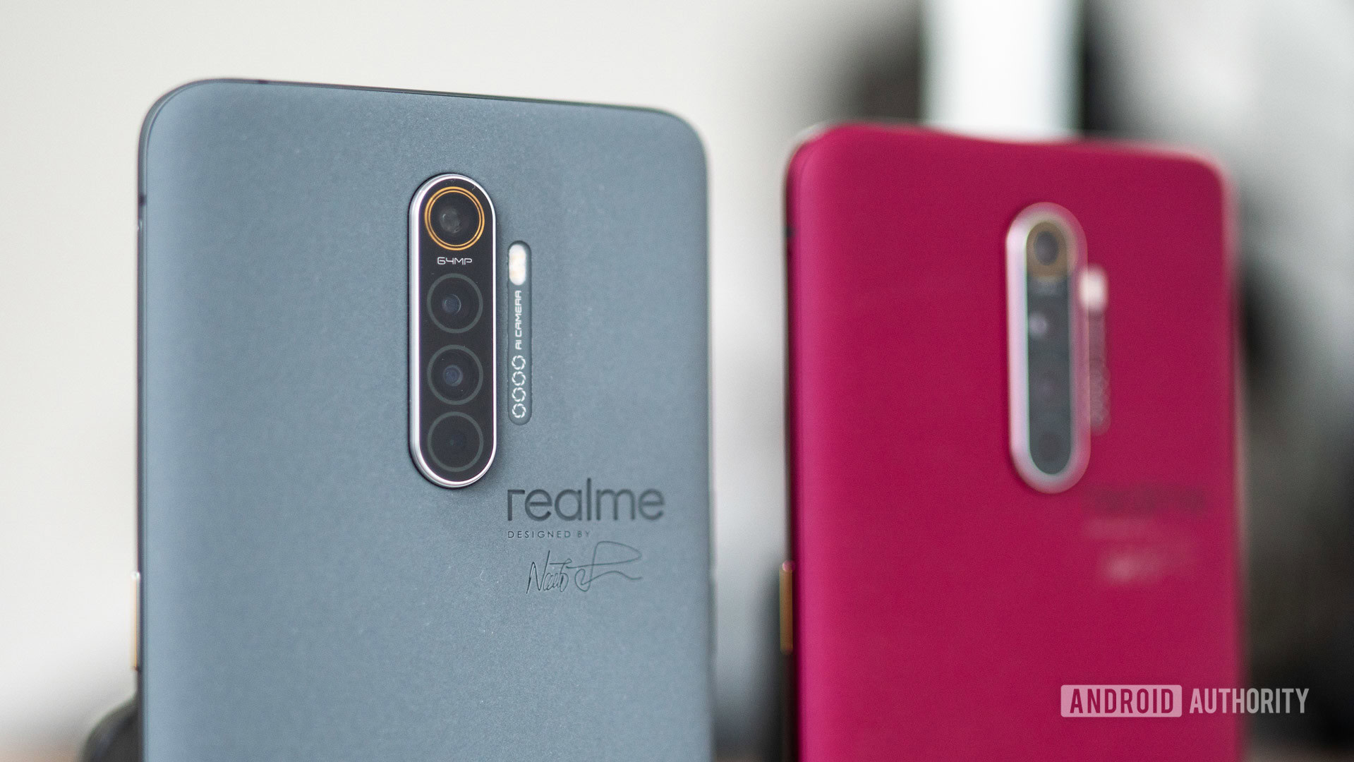 realme X2 Pro Master Edition in Concrete and Red Brick closeup on angle