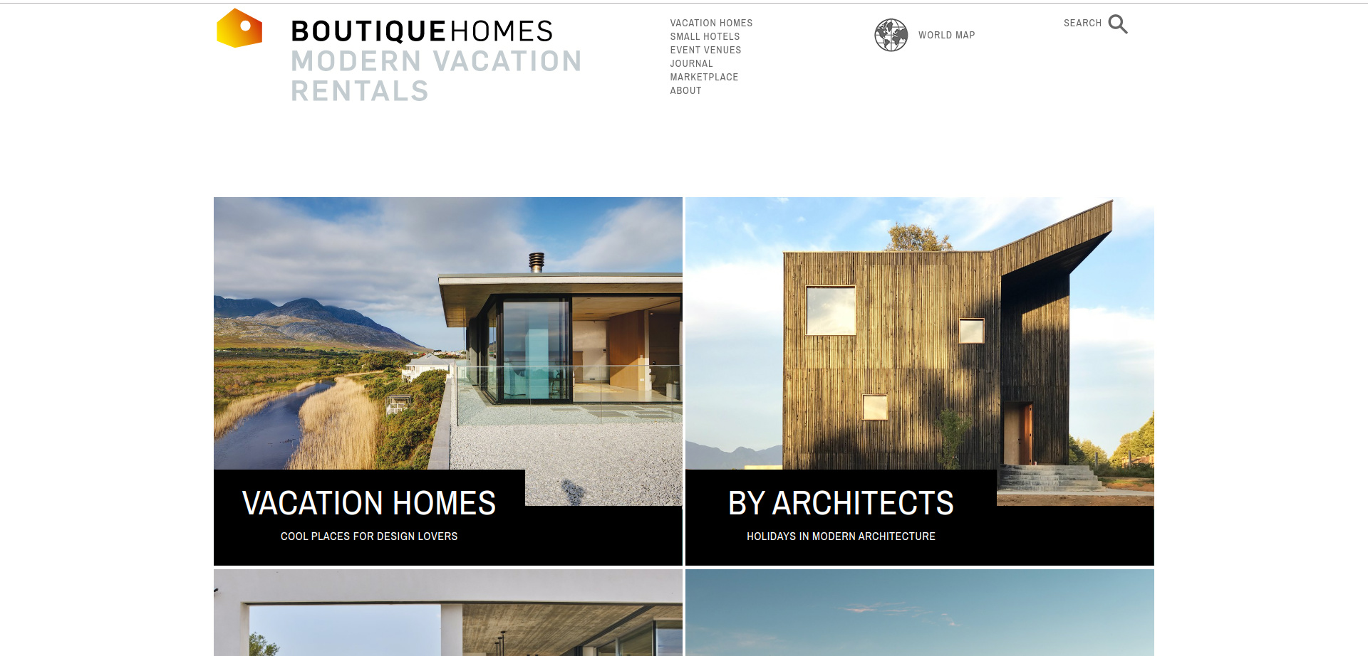 Screenshot of the BoutiqueHomes homepage