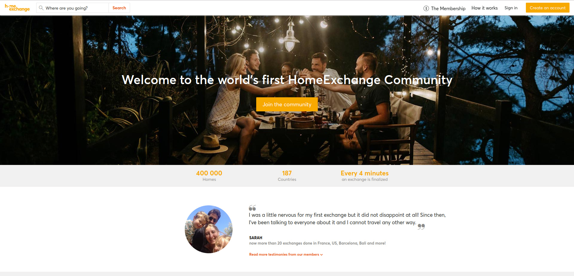 Screenshot of the Home Exchange homepage - an airbnb competitor