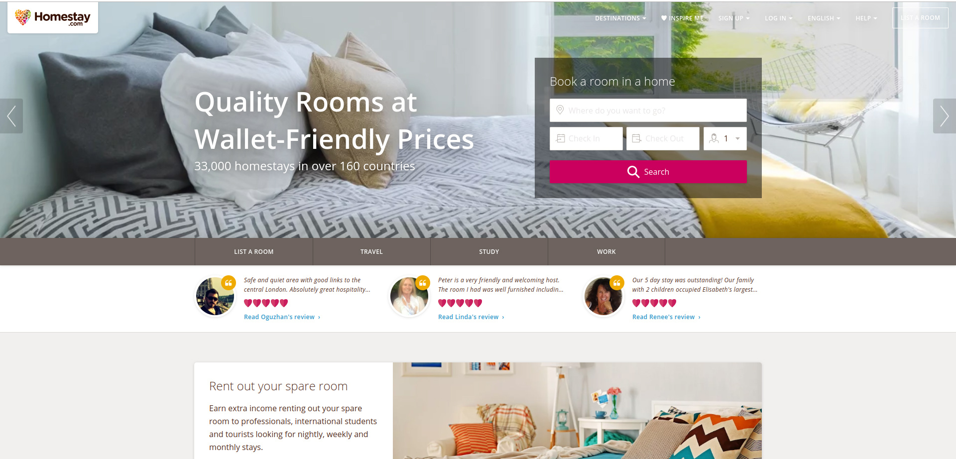 Screenshot of the Homestay homepage - an airbnb competitor