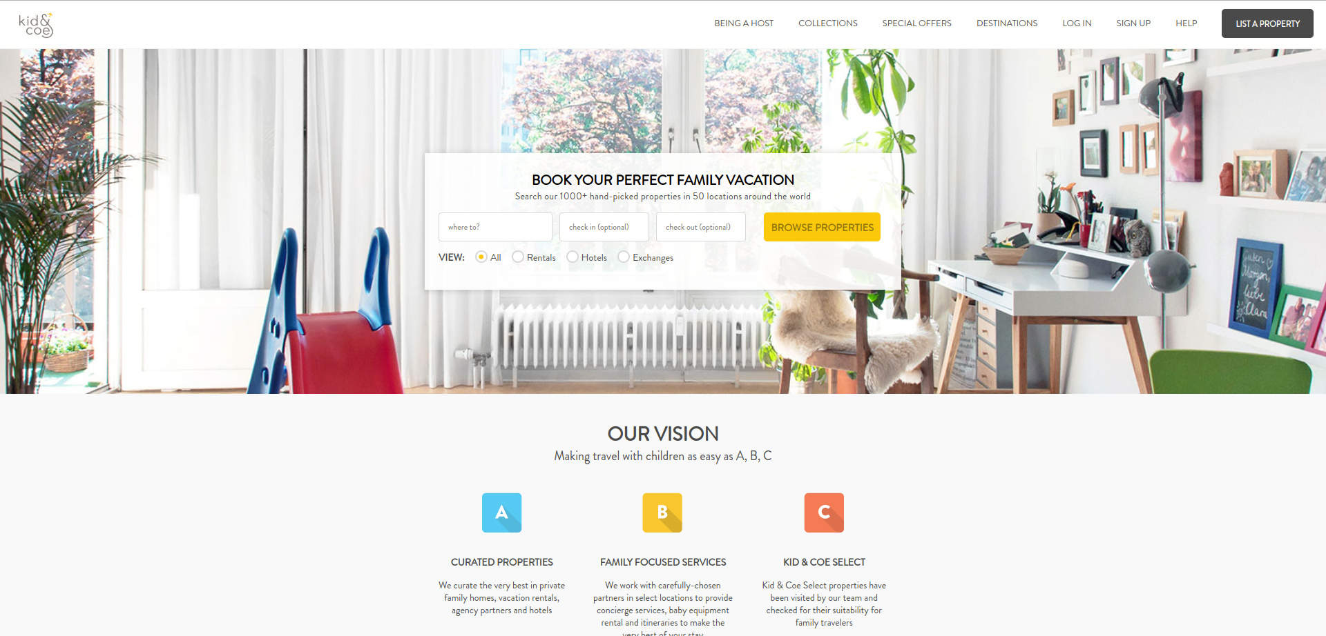 Screenshot of the Kid and Coe homepage - an airbnb competitor