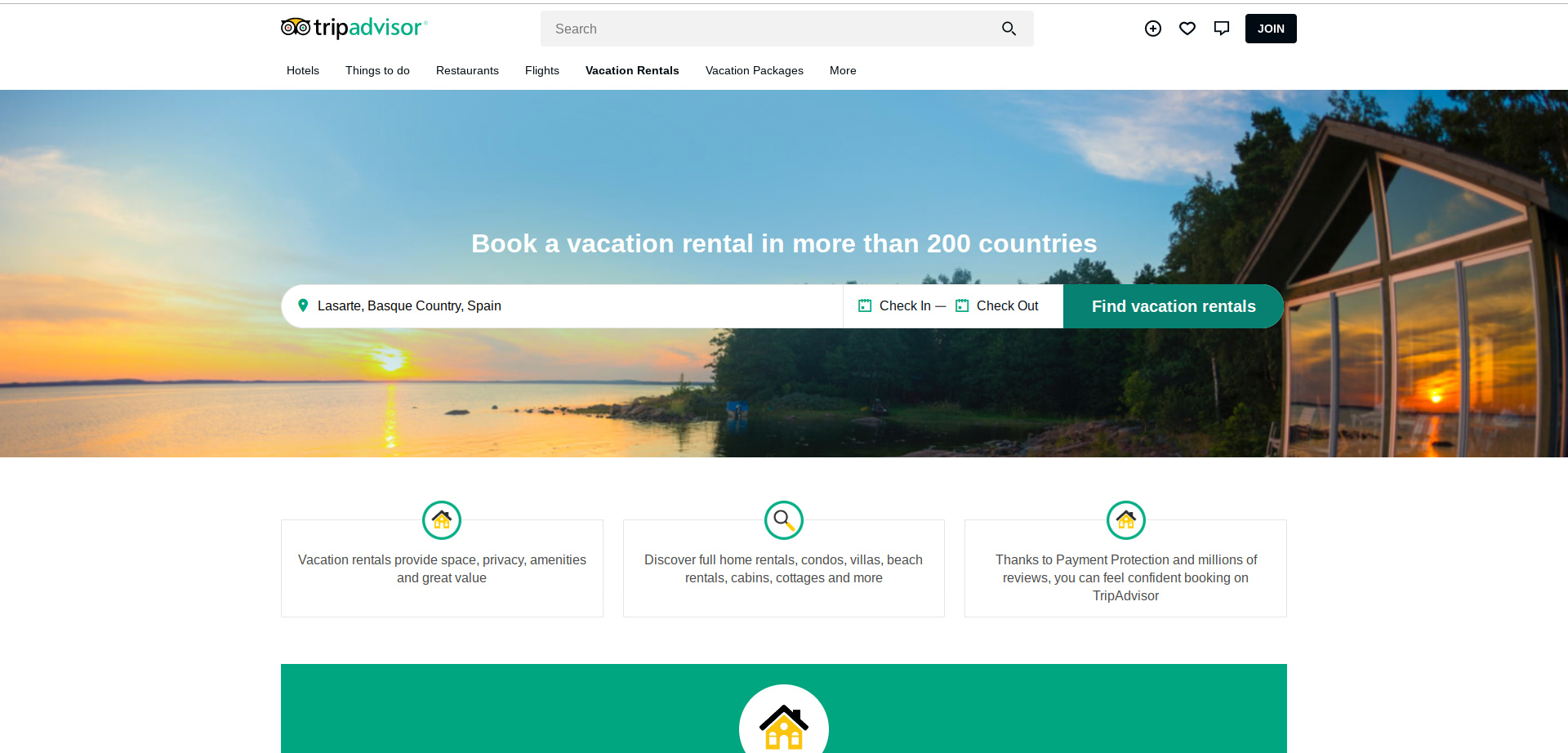 Screenshot of the TripAdvisor Rentals homepage - an airbnb competitor