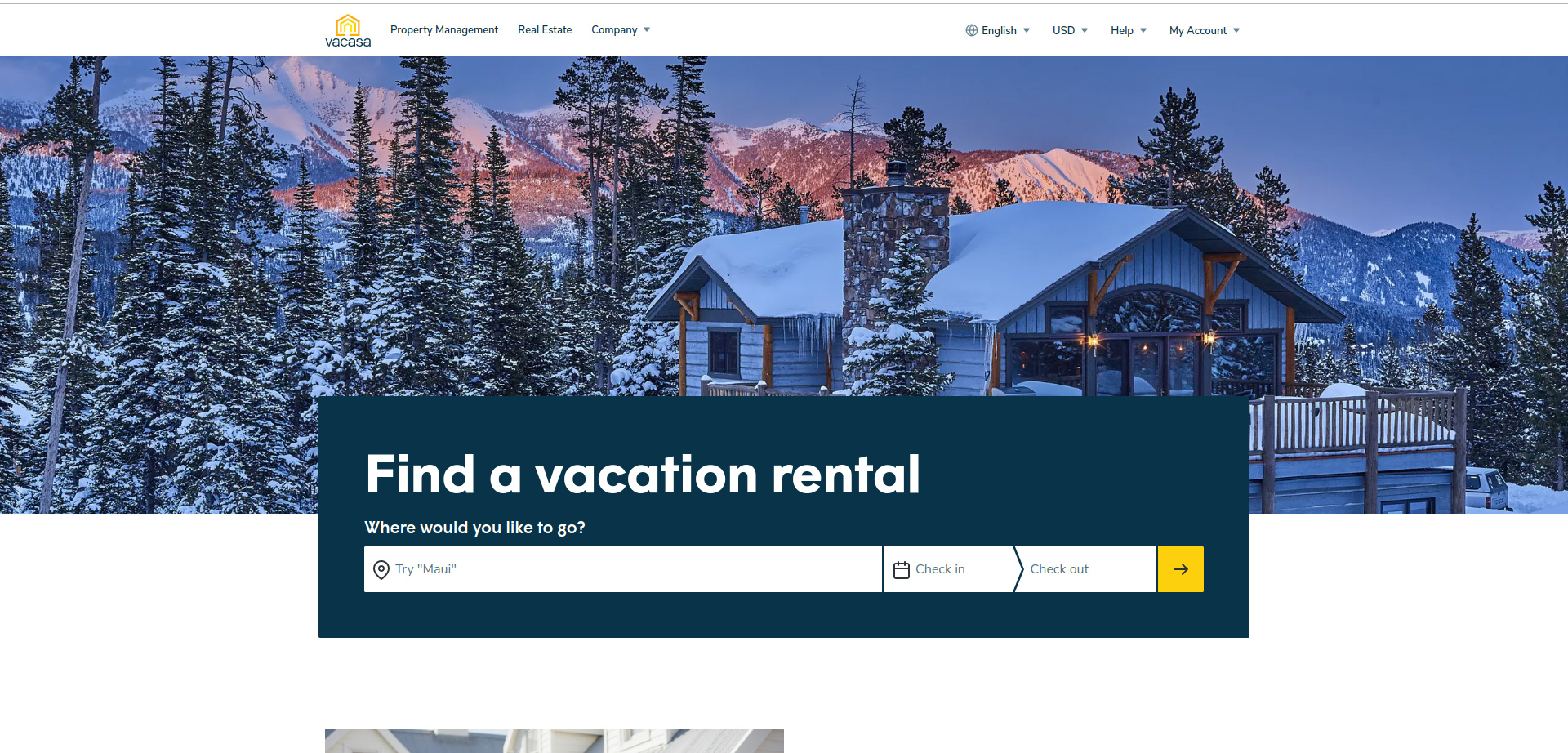 Screenshot of the Vacasa homepage - an airbnb competitor