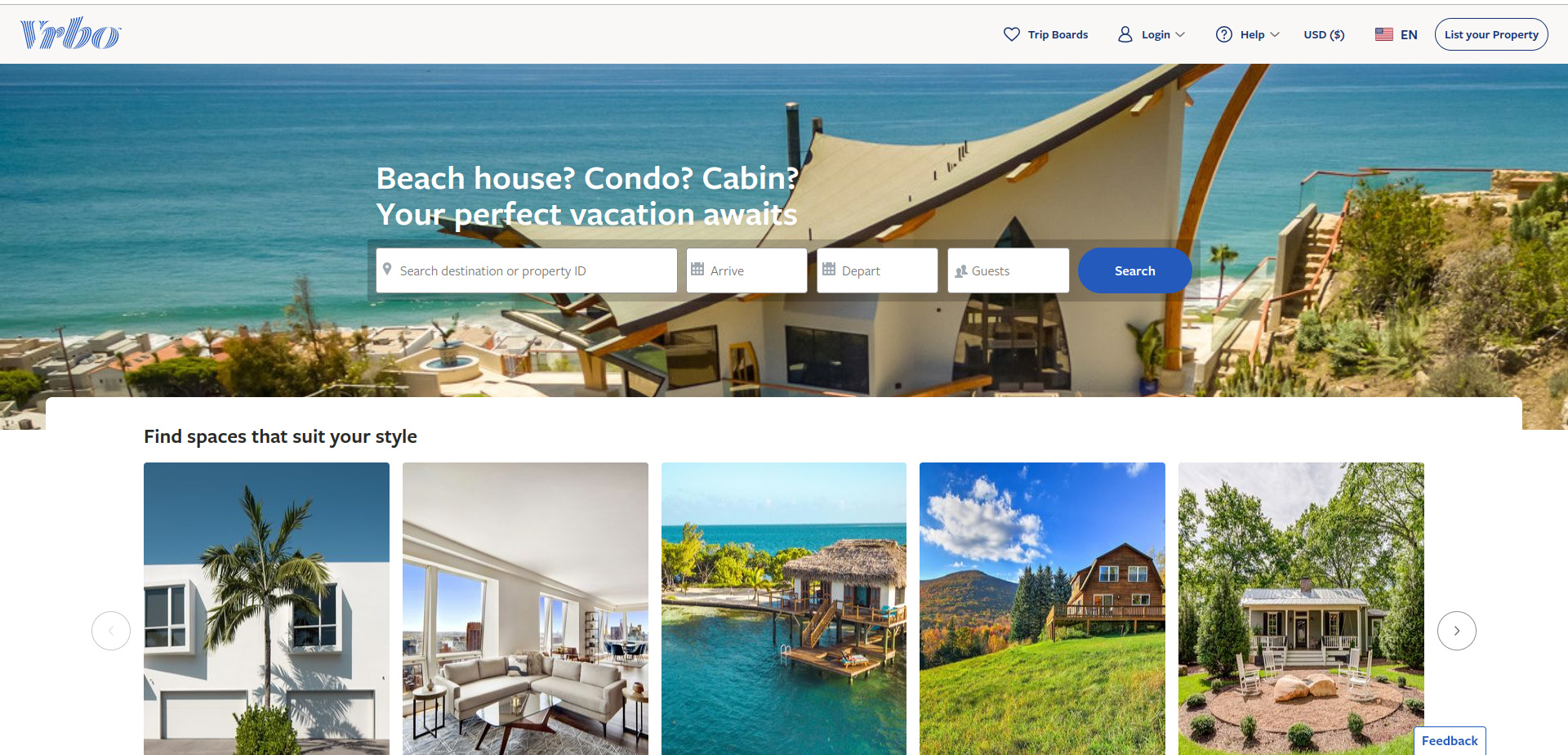 Screenshot of the Vrbo homepage - an airbnb competitor