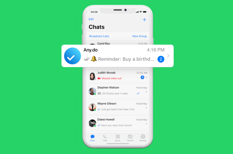 WhatsApp now has integration with Any.do, enabling reminders and tasks.