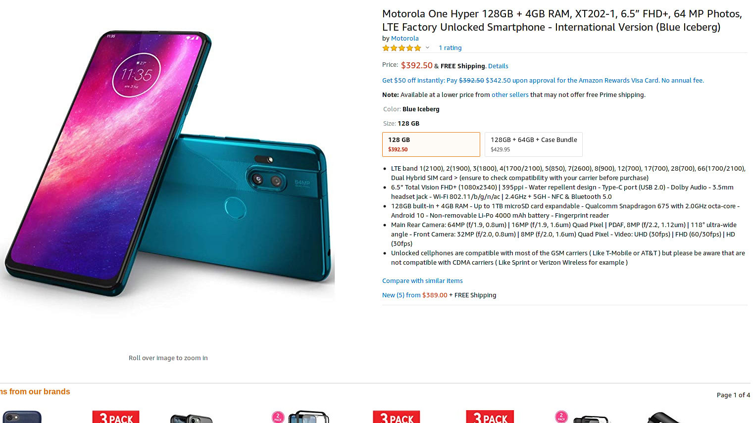 Motorola One Hyper Amazon sale page