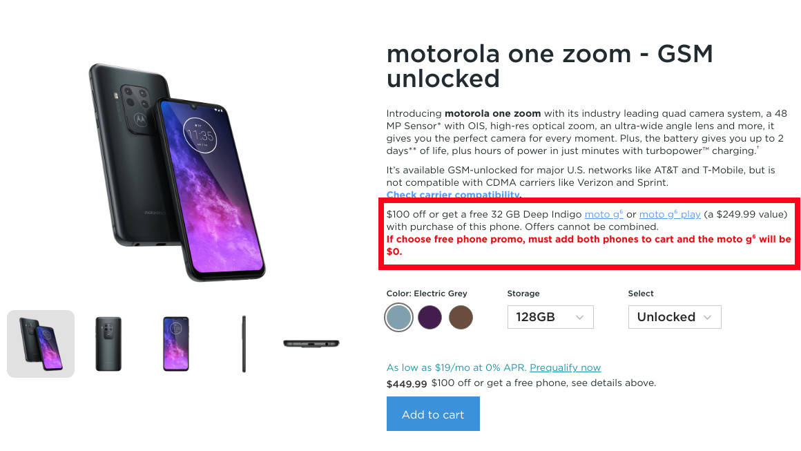 Motorola One Zoom sale page
