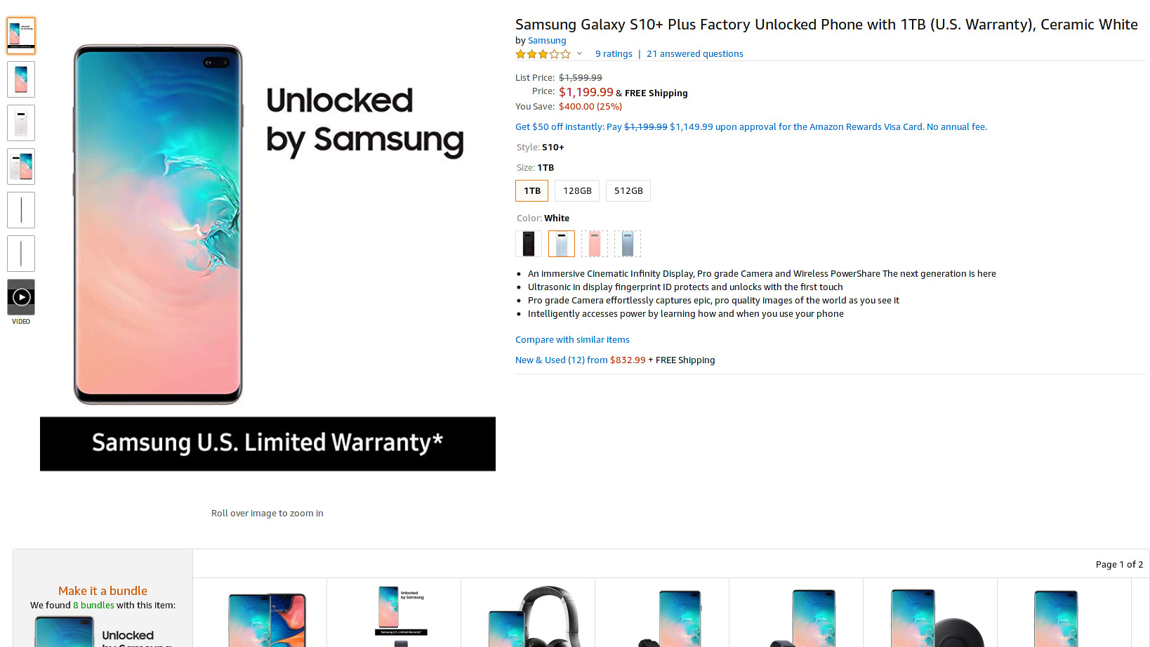Samsung Galaxy S10 Plus Amazon sale page