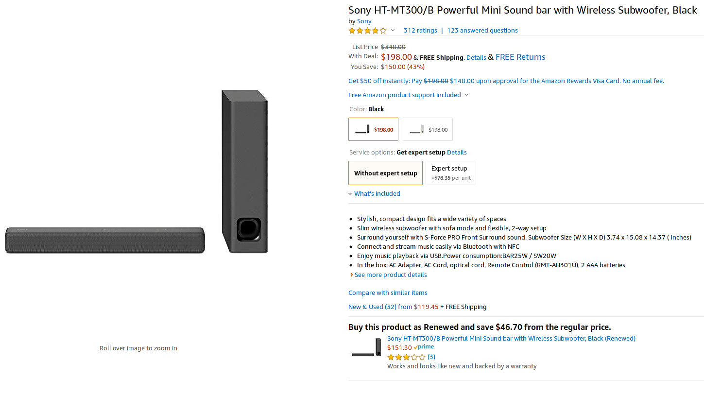 Sony mini soundbar wireless subwoofer Amazon sale page