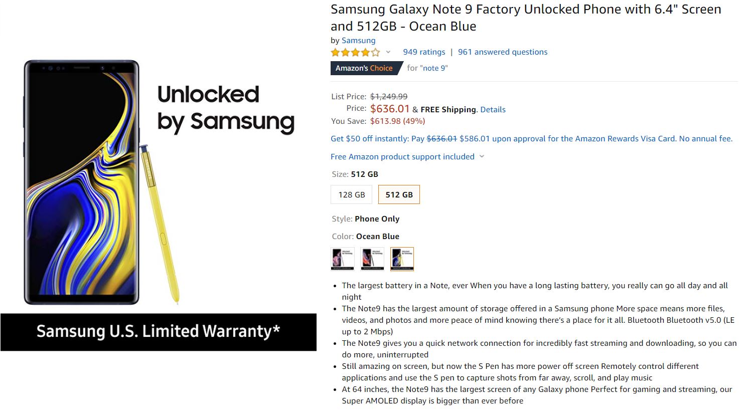 Unlocked Samsung Galaxy Note 9 Amazon Deal