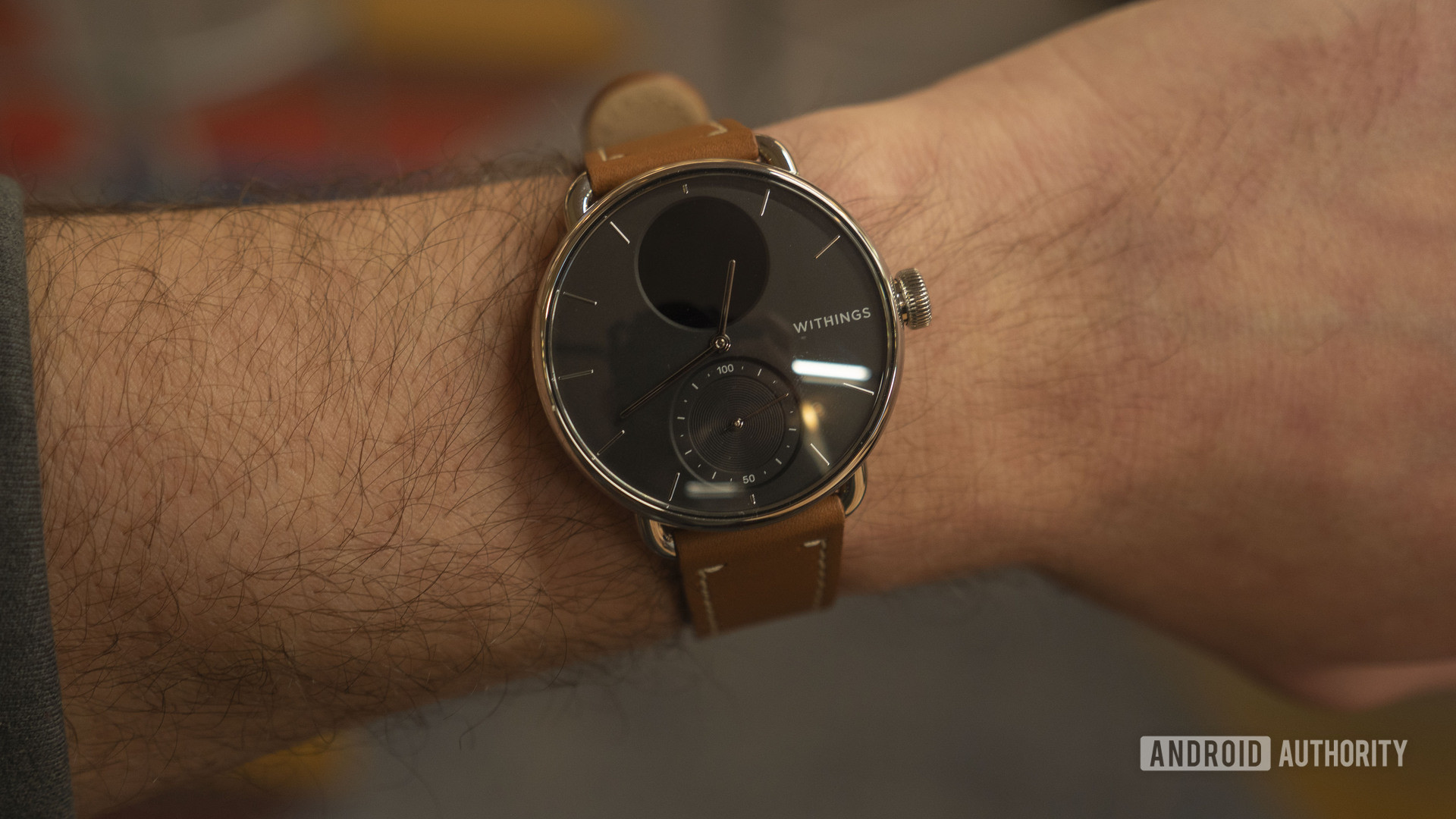 withings scanwatch brown leather on wrist