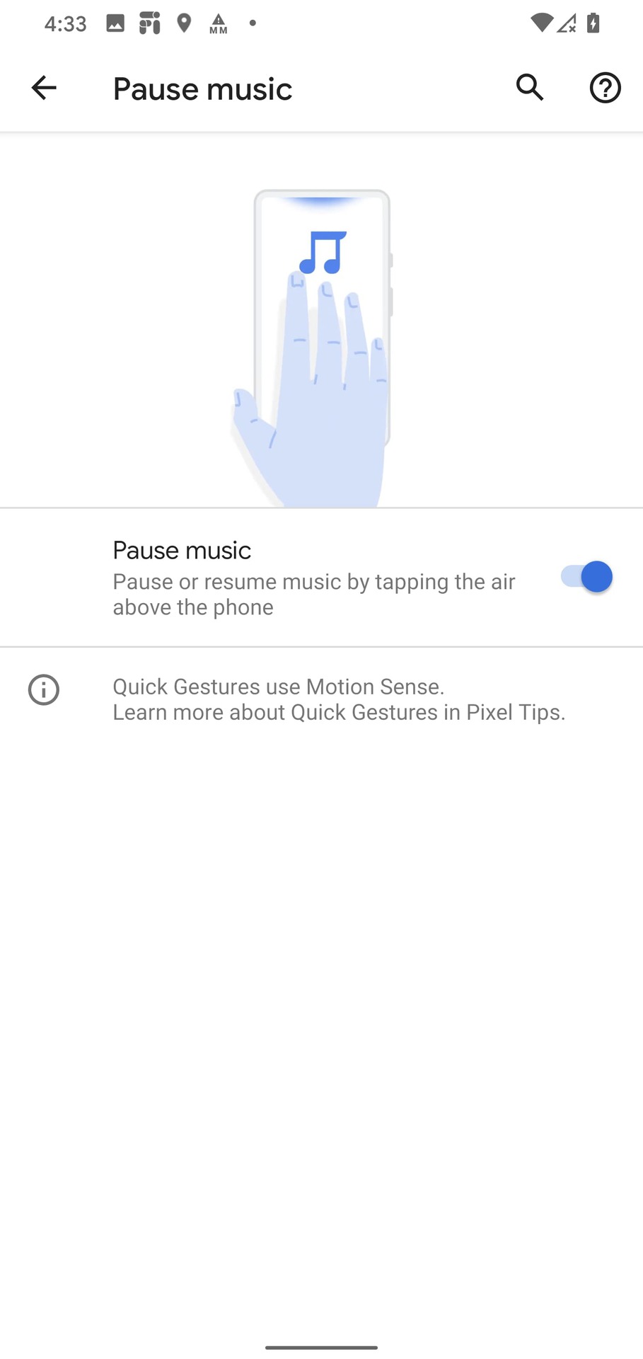 Android 11 Motion Sense pause music gesture