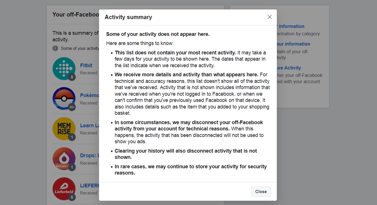 Facebook activity summary