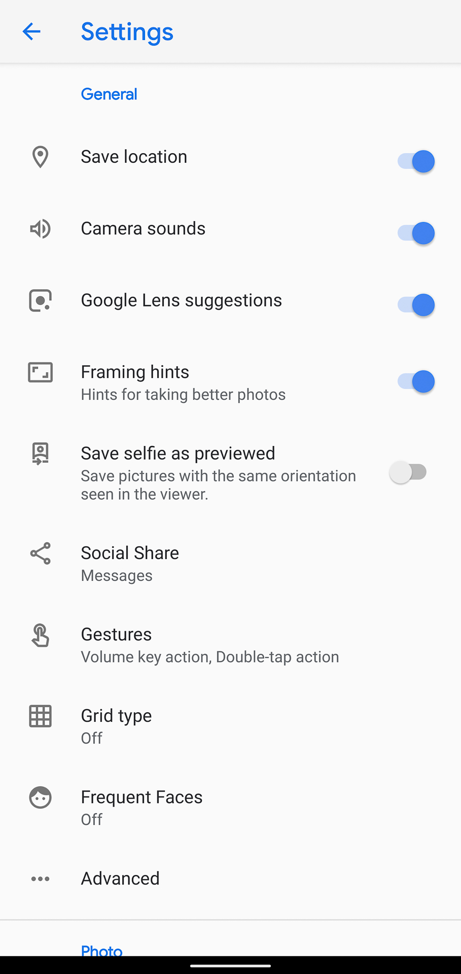 Google Pixel 4 XL camera app settings