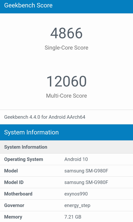 Samsung Galaxy S20 Geekbench 4