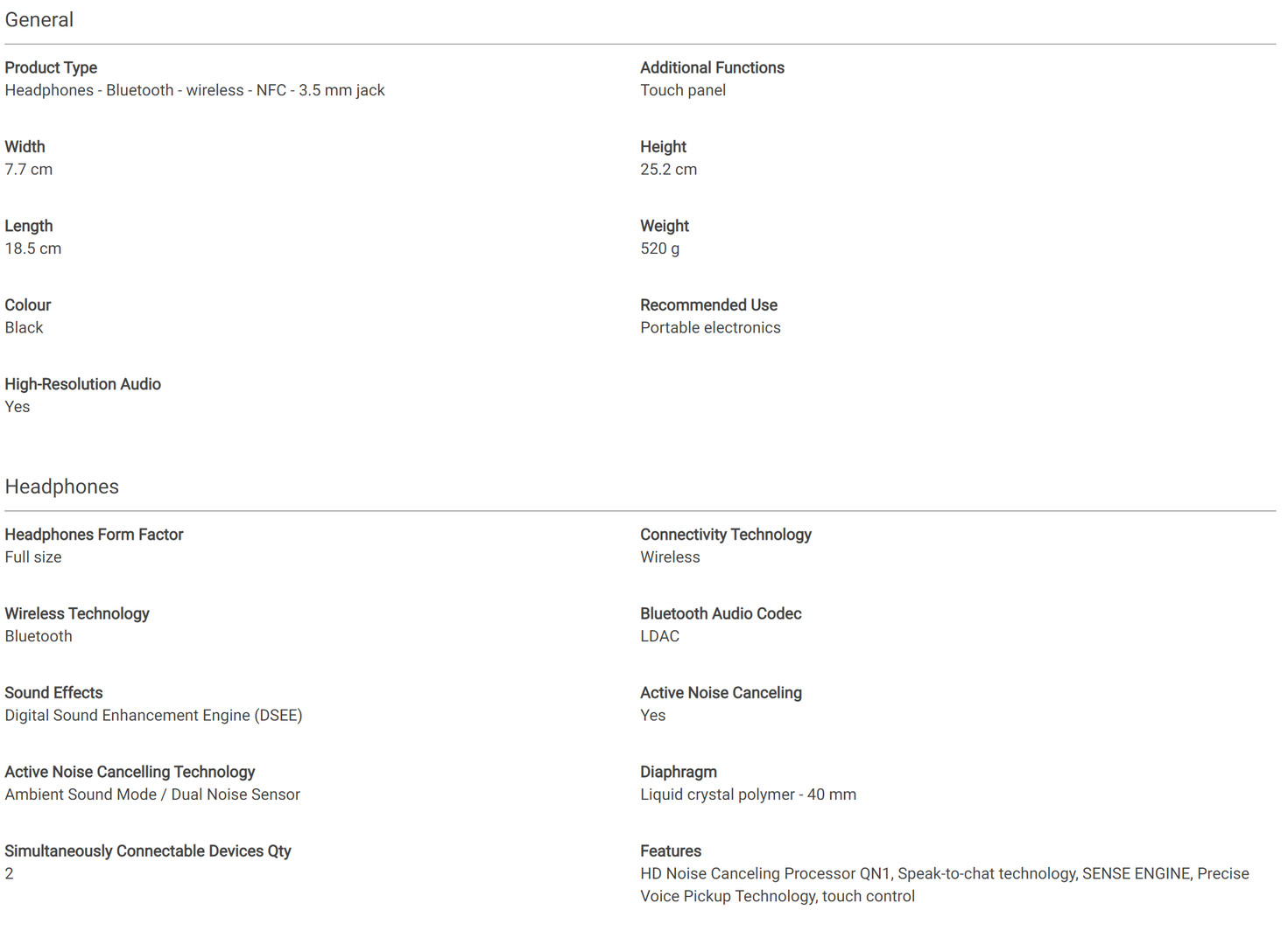 A screenshot by Notebookcheck of the rumored Sony WH 1000XM4 specifications.