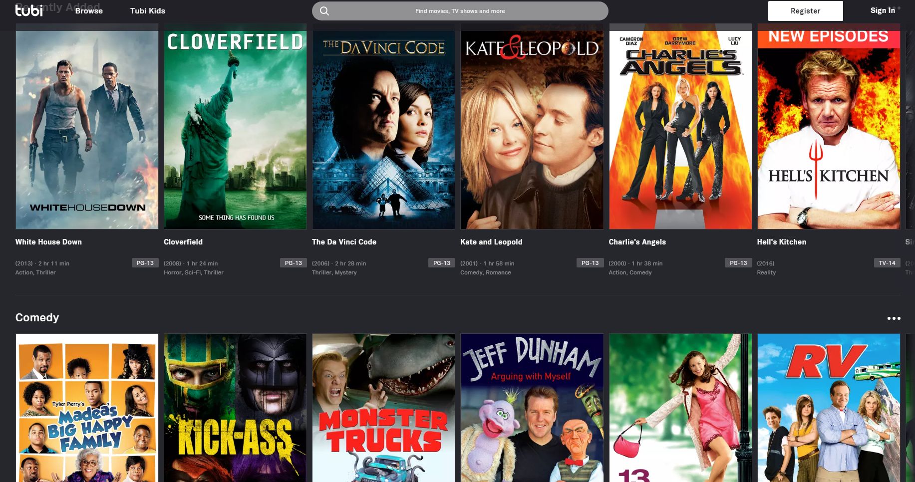 Tubi TV showing available shows and films.