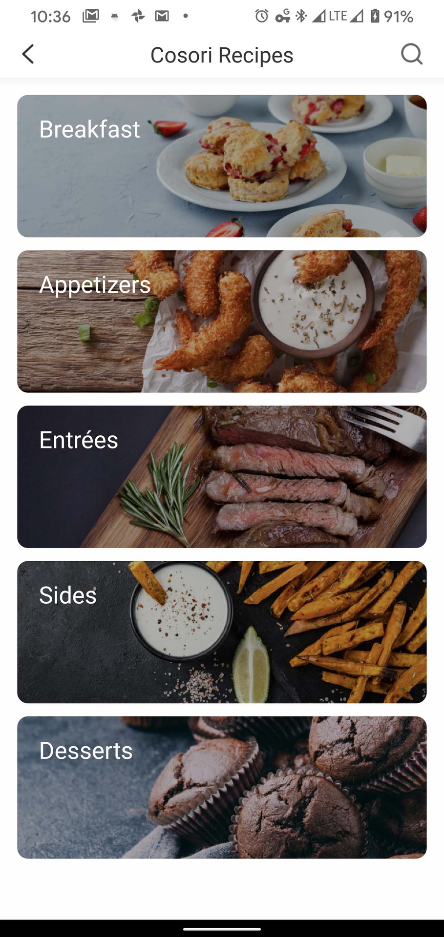 Cosori Smart Air Fryer VeSync app recipes main screen