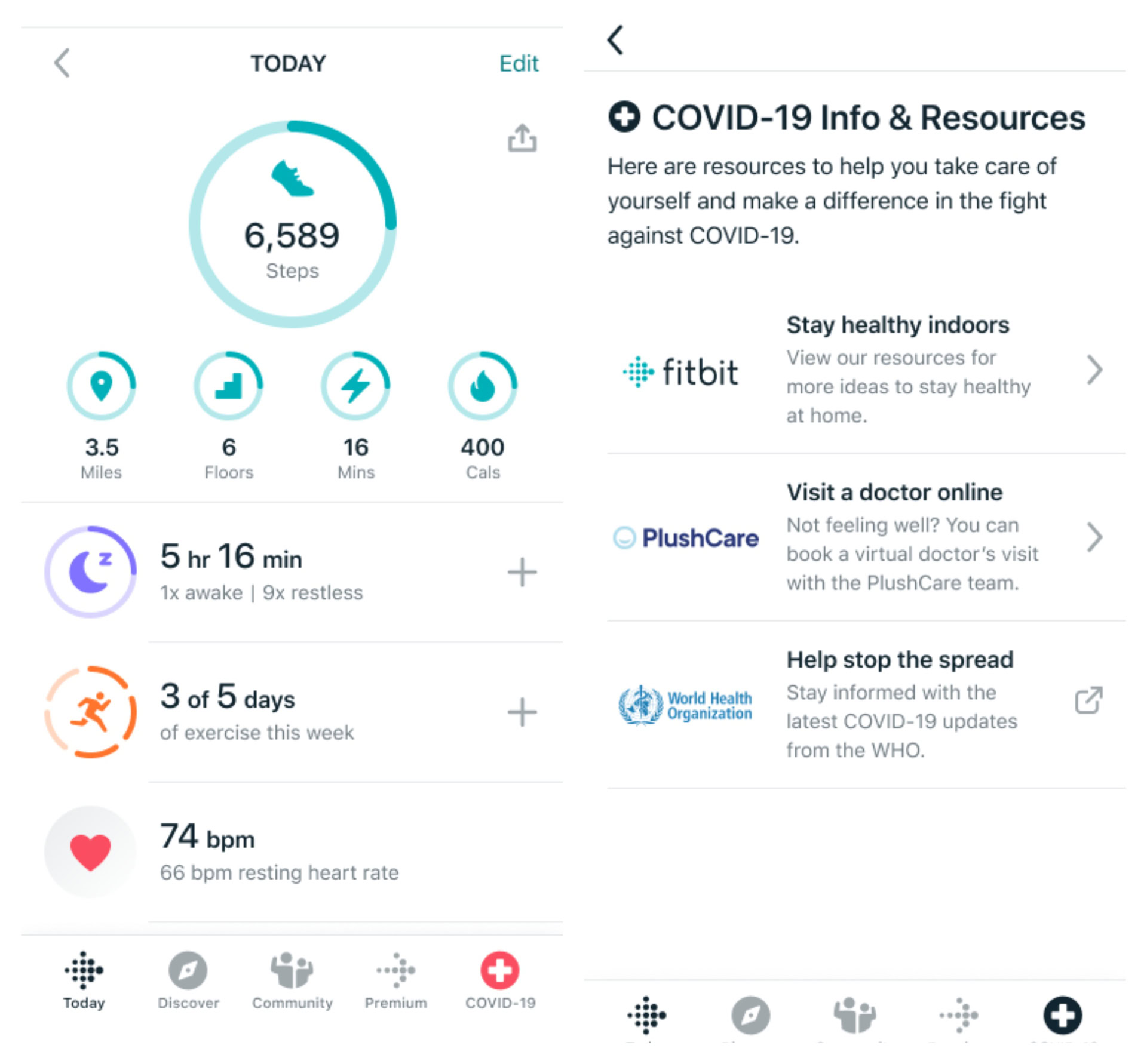 Fitbit Covid 19 tab