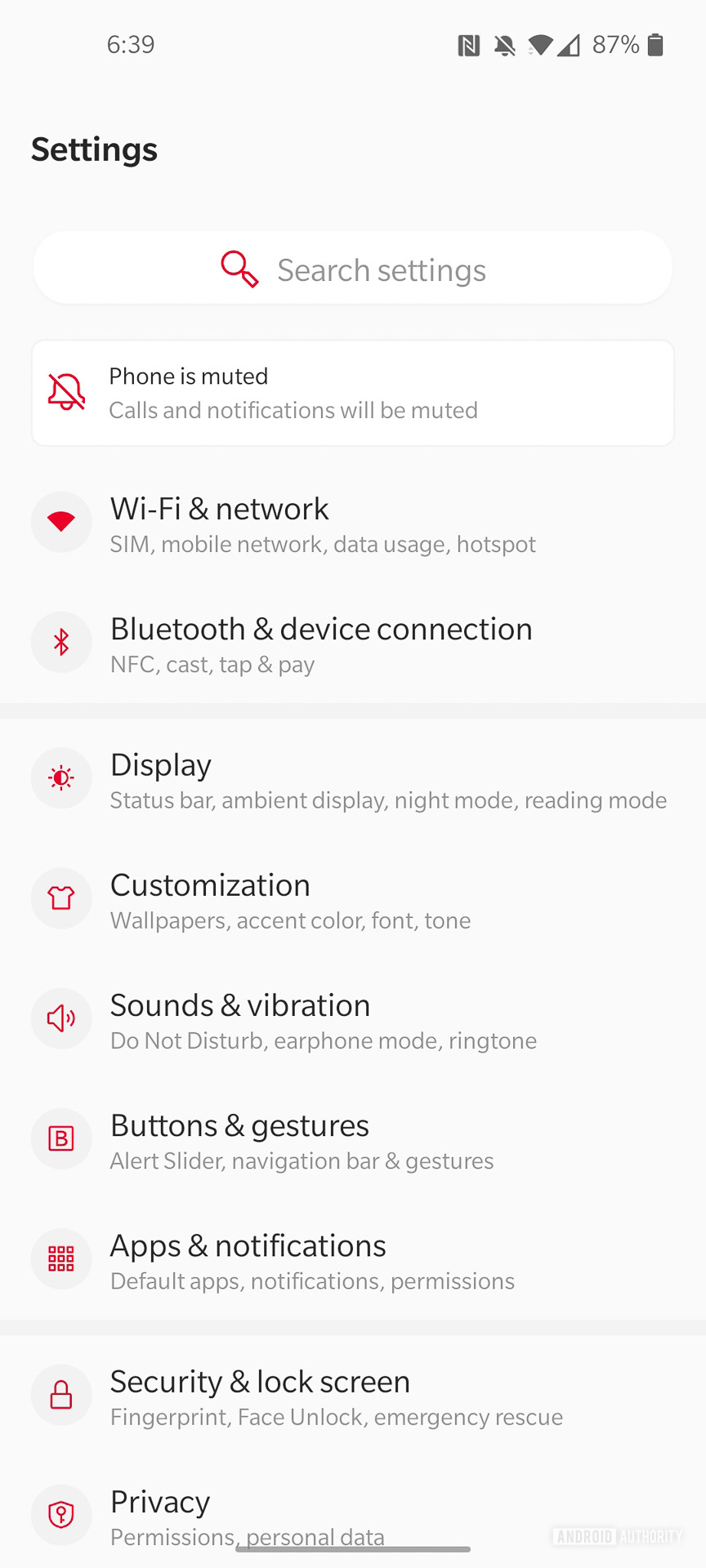 OnePlus 8 OxygenOS 10 settings menu