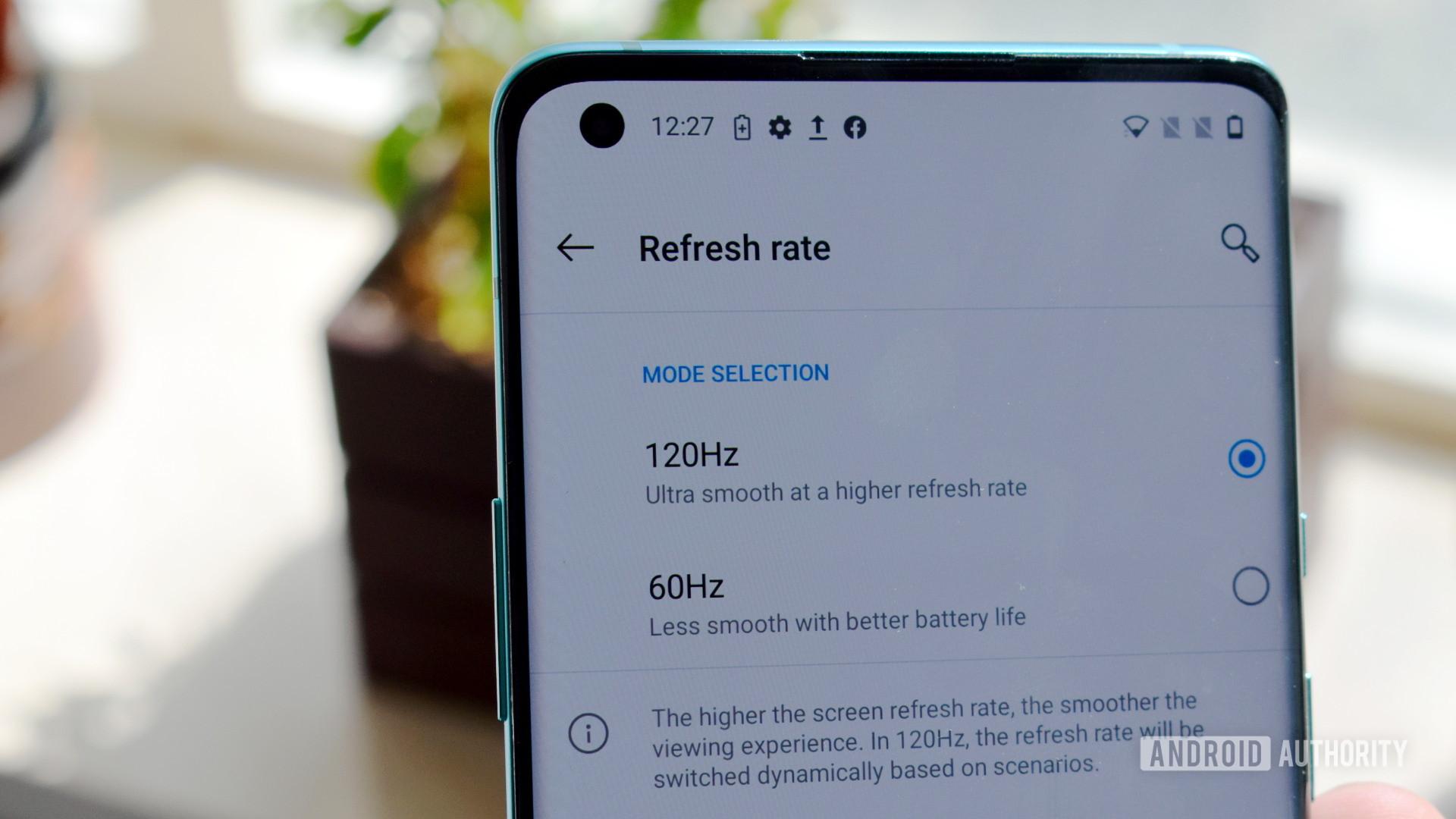 OnePlus 8 Pro 120Hz display refresh rate setting