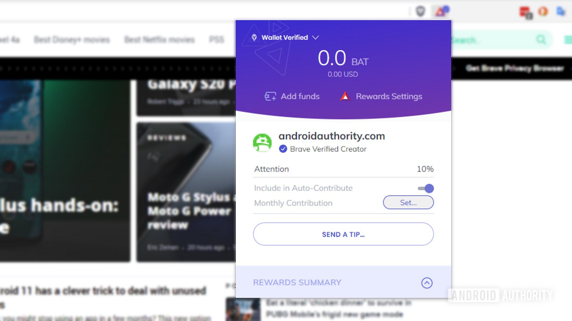 brave web browser brave rewards per site