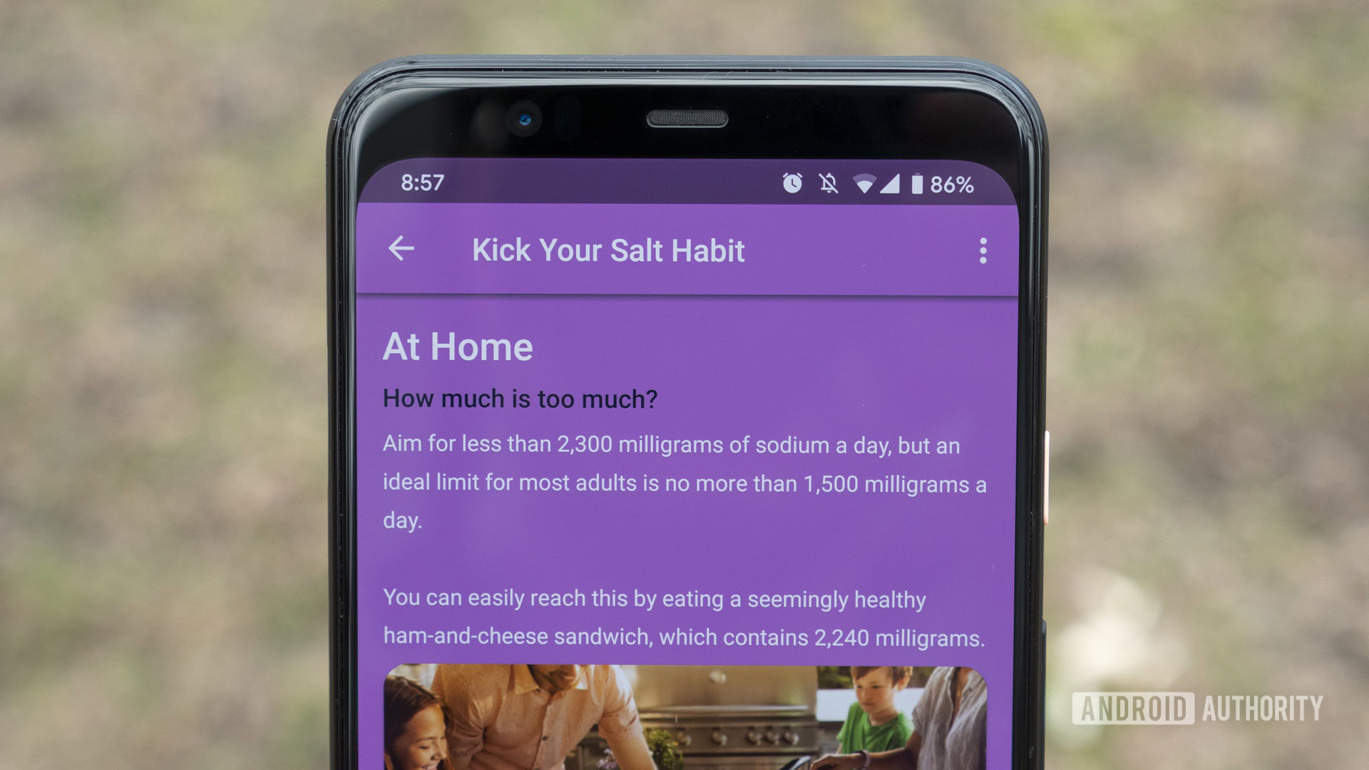 A smart phone displays a &quot;kick your salt habit&quot; guided program from Fitbit Premium.