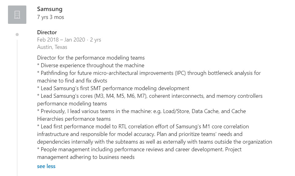 A LinkedIn account referencing an unannounced Samsung custom CPU.