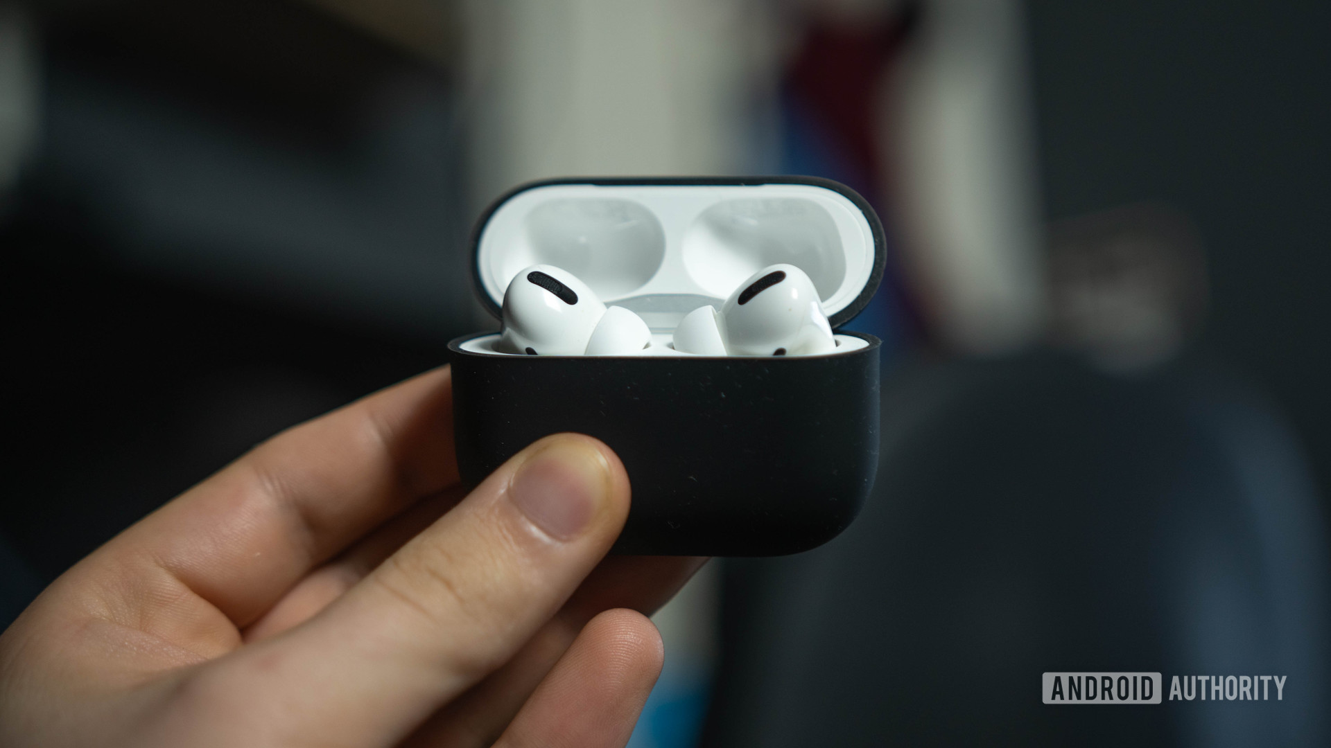 A picture of the AirPods Pro in a black charging case