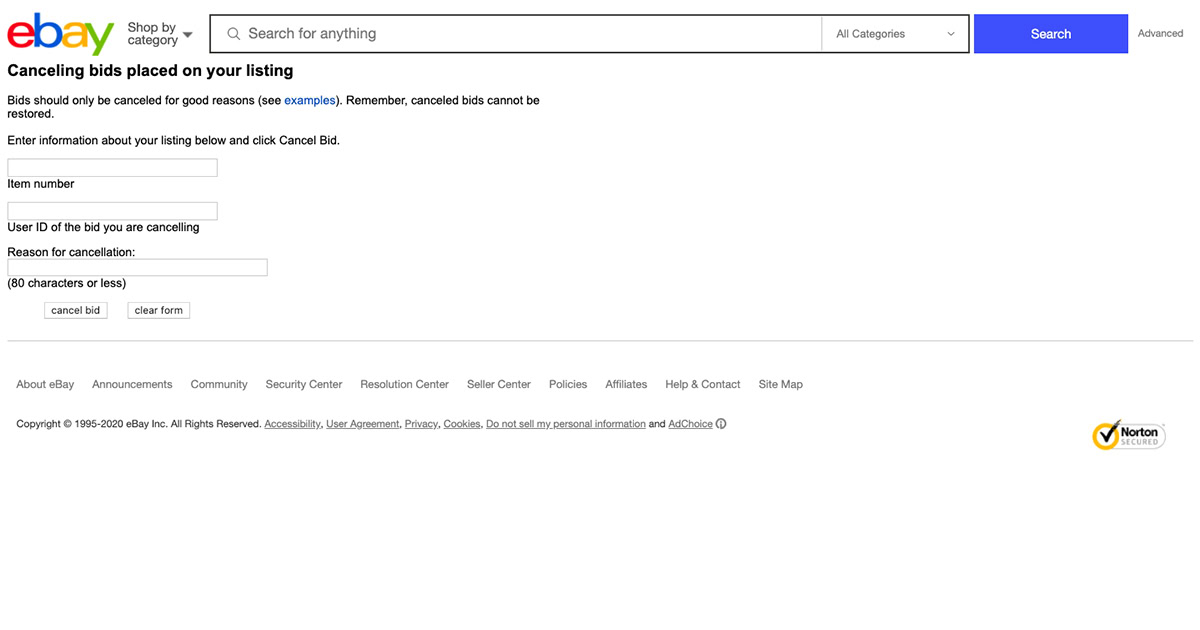Cancelling eBay Page