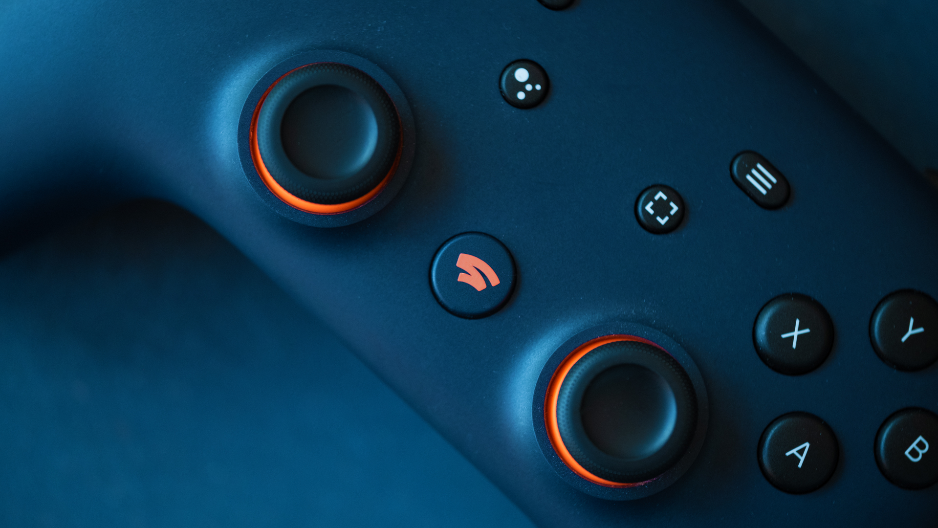 Google Stadia controller on table close up shot.