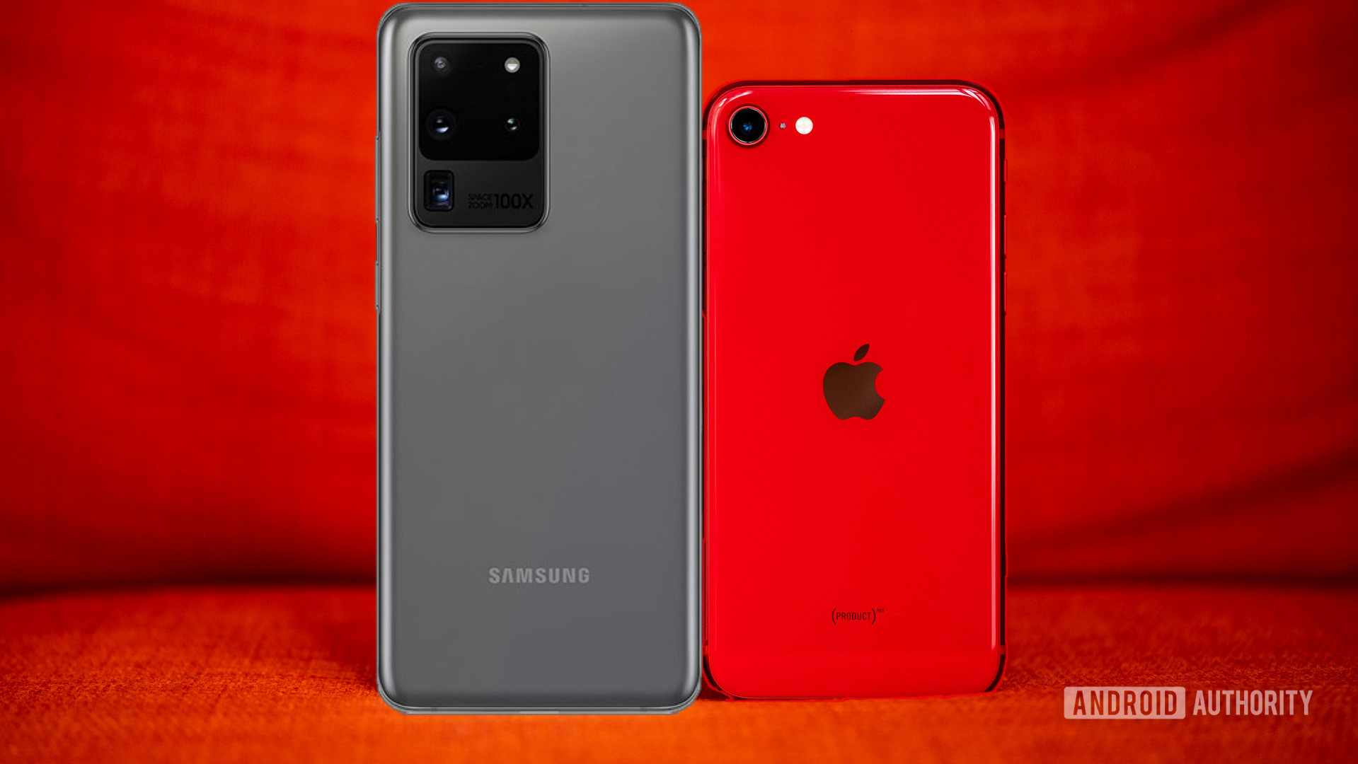 Gray Galaxy S20 Ultra next to Red iPhone