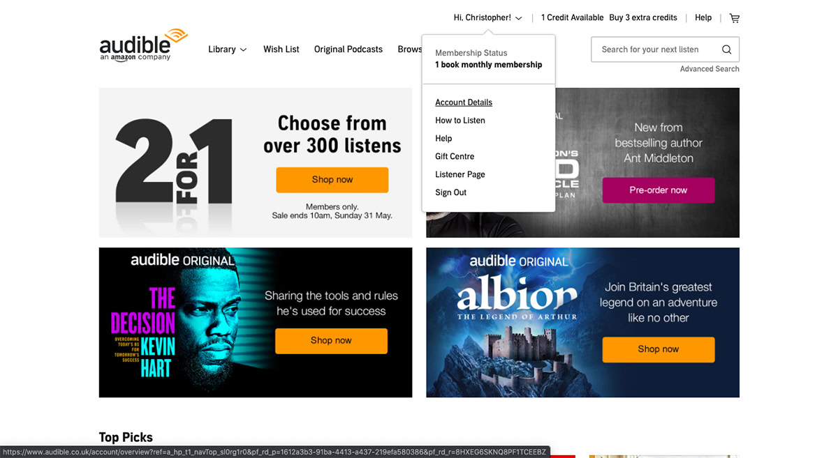 Audible Home Page Account Details