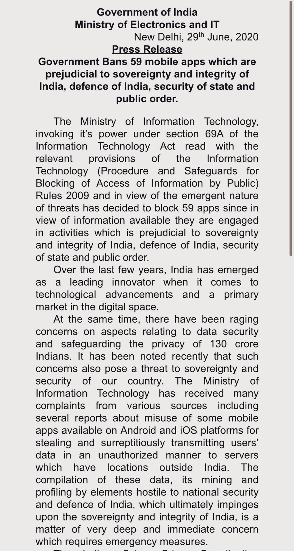 Chinese App Ban Statement Page 1