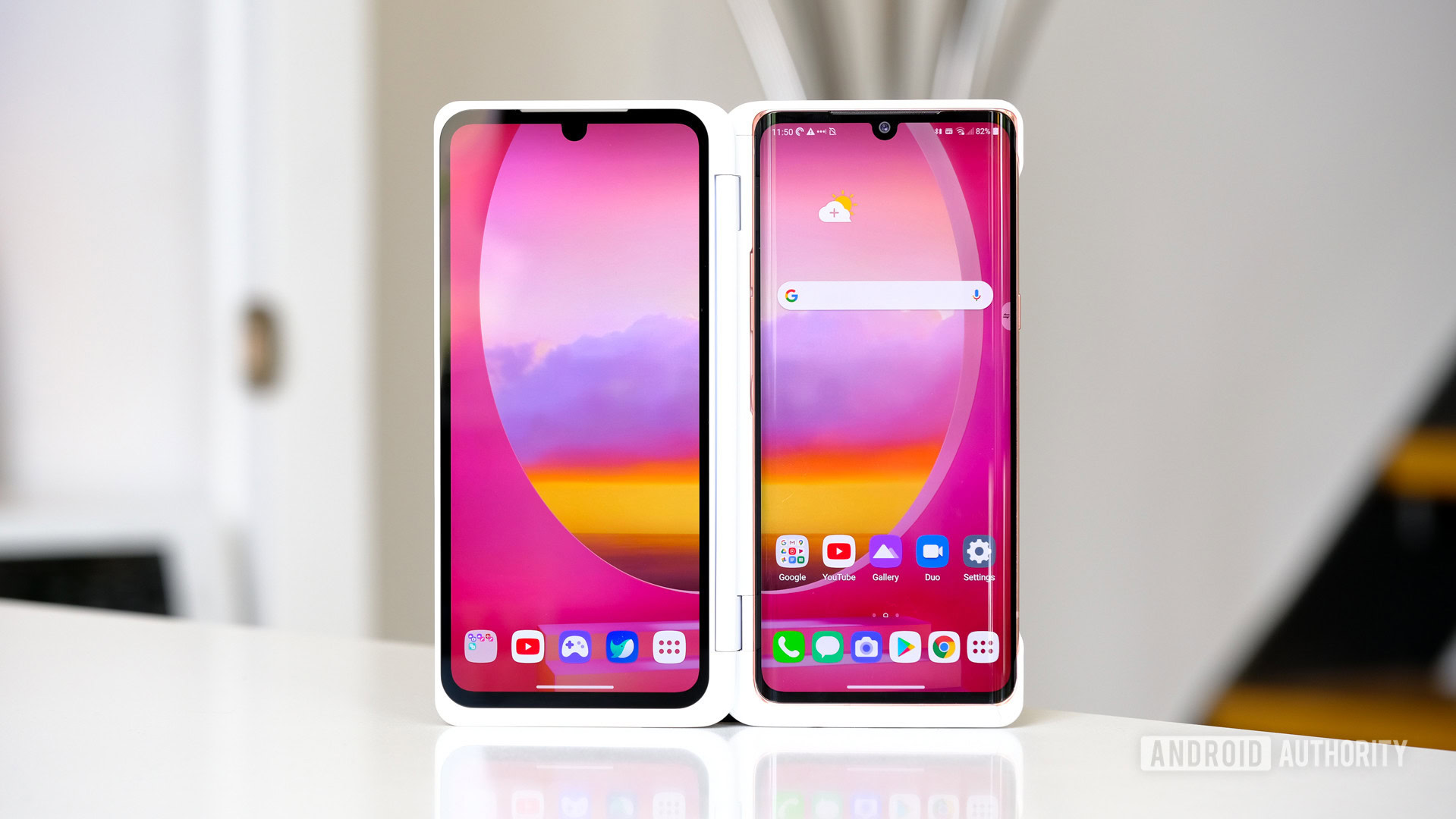 LG Velvet standing up in dual screen