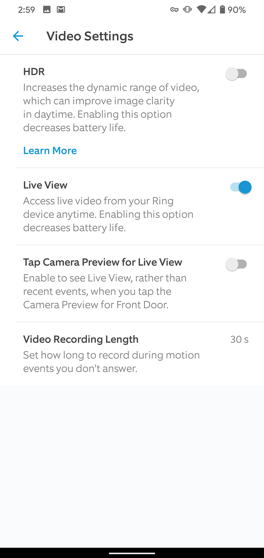 Ring Video Doorbell 3 Plus app video settings
