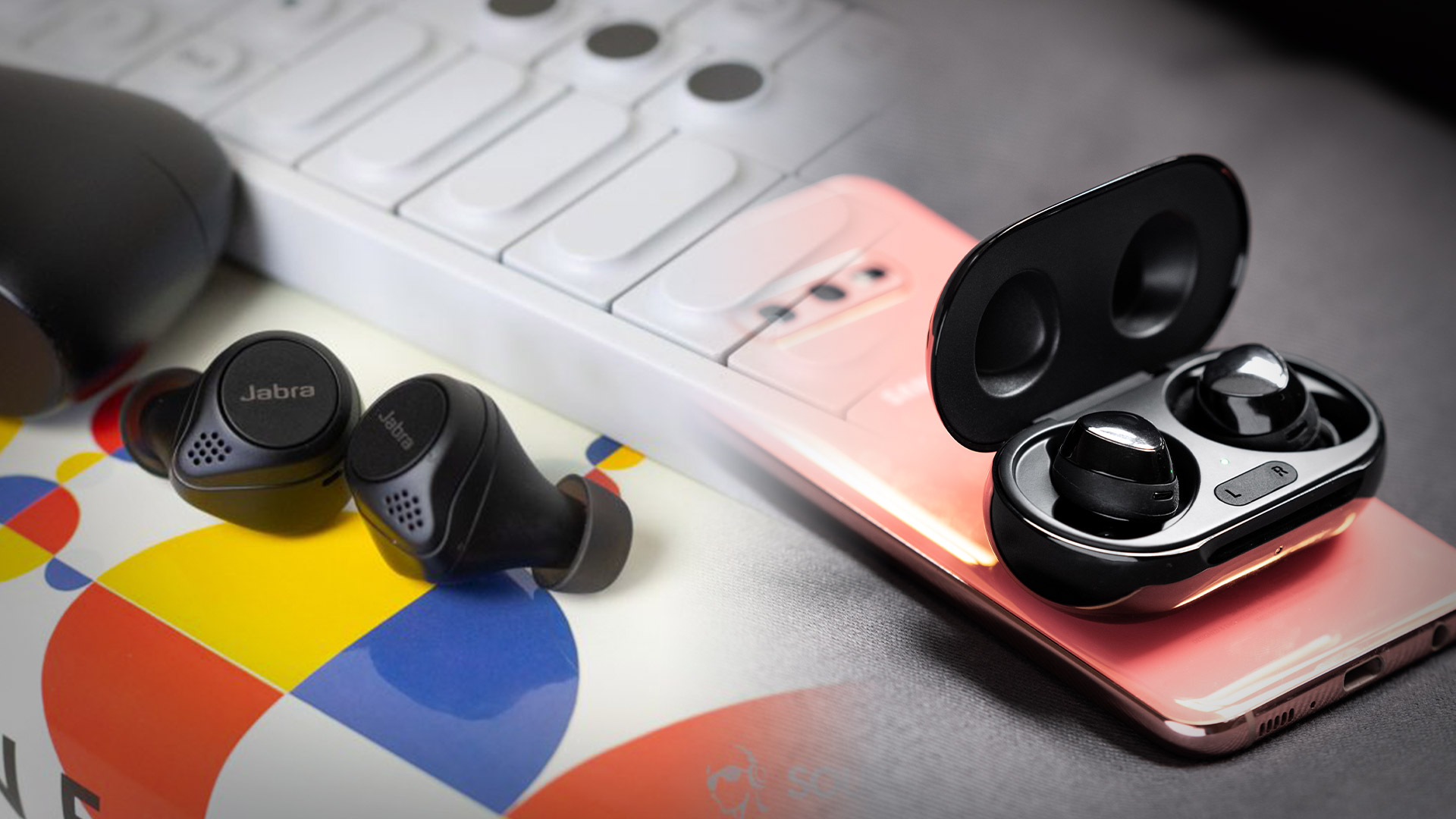 A blended image of the Samsung Galaxy Buds Plus vs Jabra Elite 75t true wireless earbuds.