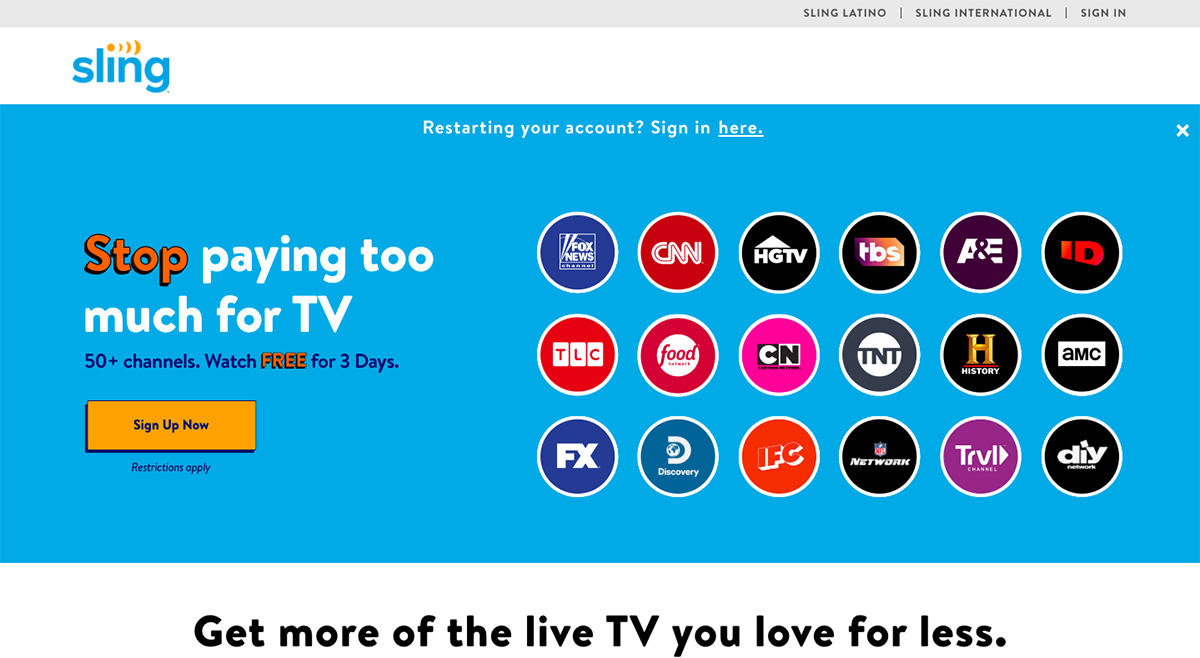 Sling TV home page