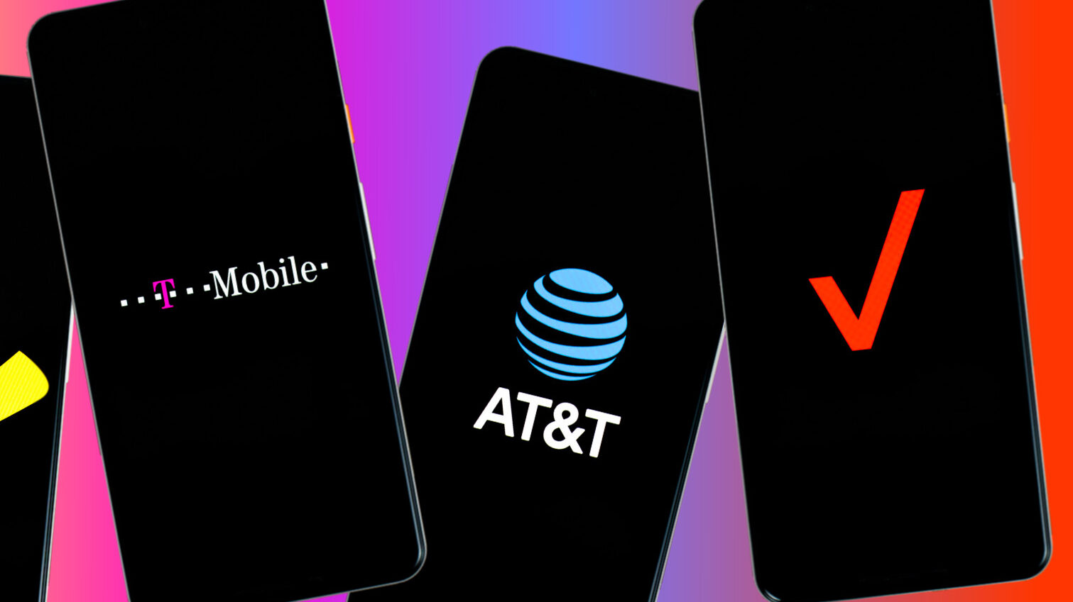 Four phones side by side with Sprint, Verizon, T Mobile, and AT&amp;T logos on the screens on a colorful background stock photo — How do I sell my used phone?