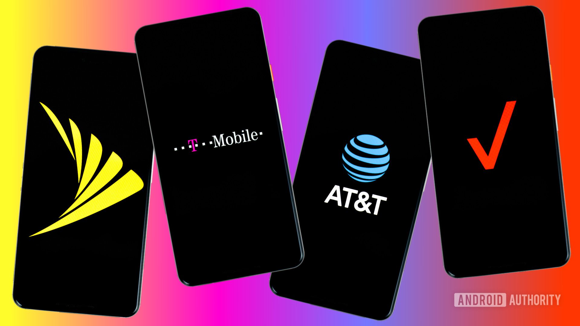 Four phones side by side with Sprint, Verizon, T Mobile, and AT&amp;T logos on the screens on a colorful background stock photo — How do I sell my used phone?